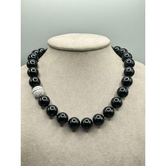 Vintage Black Beaded Glass Necklace Rhinestones Clasp Hand Knotted Fancy Jewelry - Picture 5 of 10